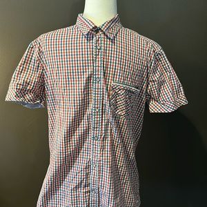 Diesel Size Large Short Sleeve Red blue plaid Snap Shirt